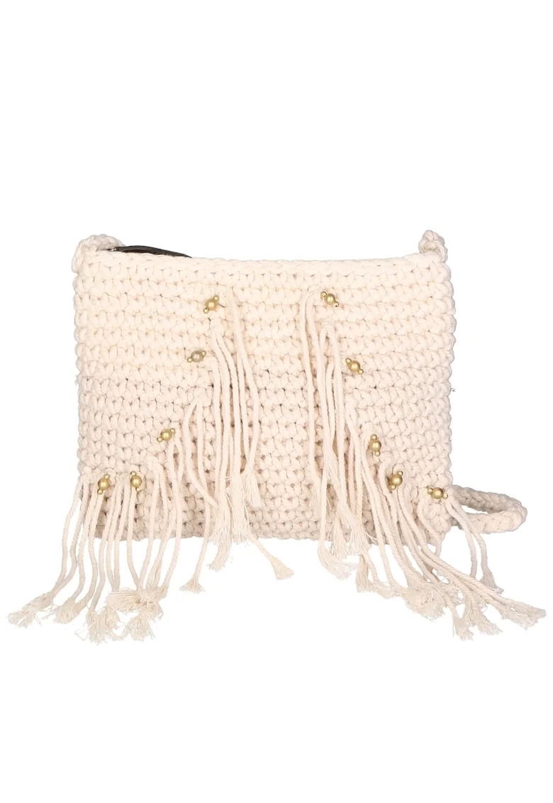 Geanta crossbody tesuta, cu franjuri, Bej