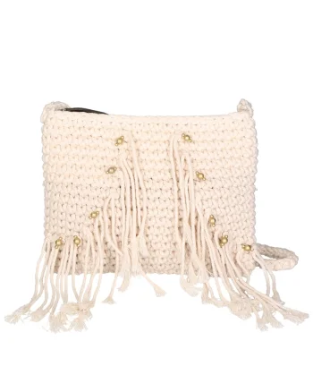 Geanta crossbody tesuta, cu franjuri, Bej