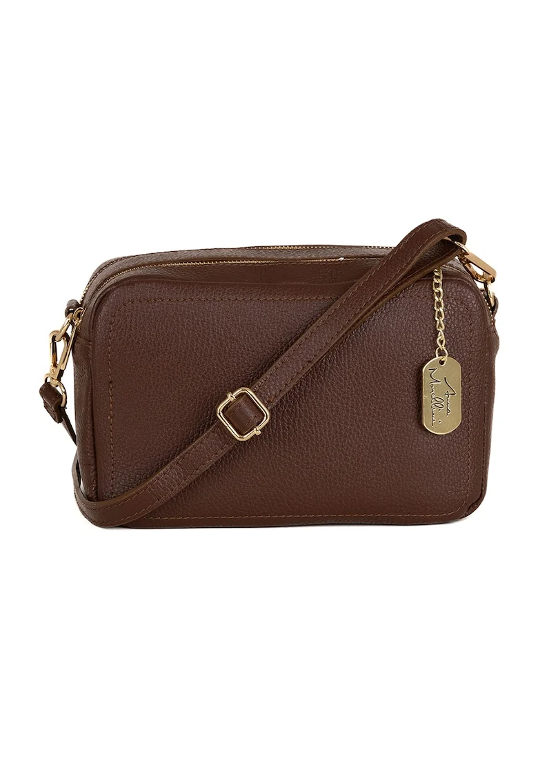 Geanta crossbody de piele cu aspect granulat, Maro inchis