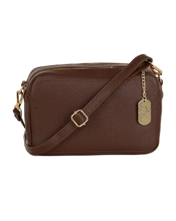 Geanta crossbody de piele cu aspect granulat, Maro inchis