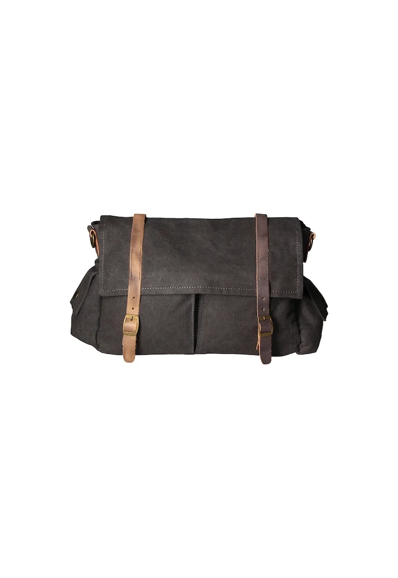 Geanta crossbody unisex cu garnituri de piele, Negru