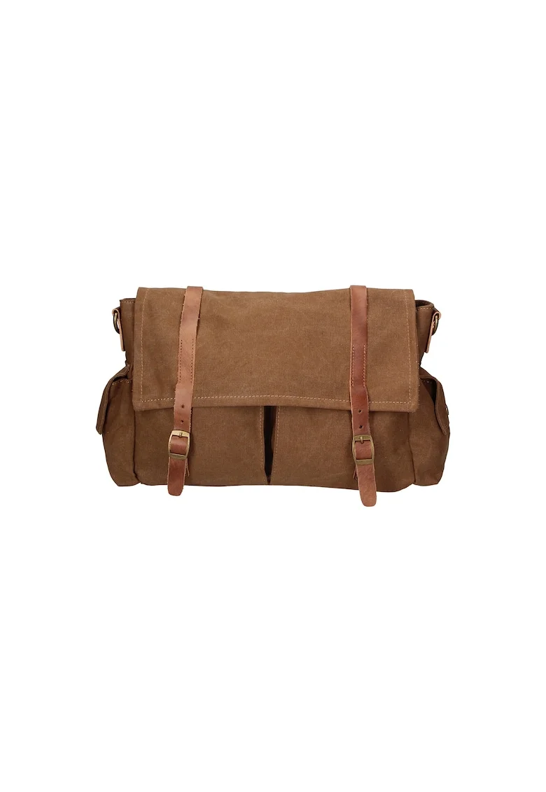 Geanta crossbody unisex cu garnituri de piele, Maro taupe
