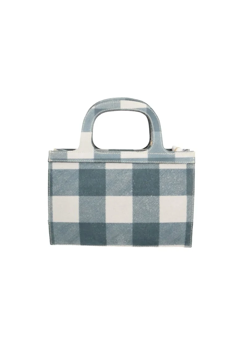 Geanta crossbody de piele intoarsa in carouri, Alb/Albastru