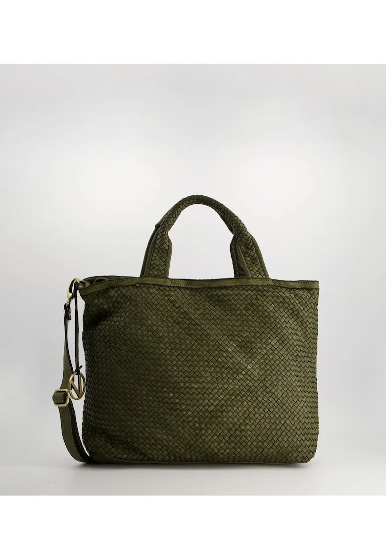 Geanta crossbody  din piele naturala, verde, 34x45x14cm, cu trei compartimente interioare, curea detasabila
