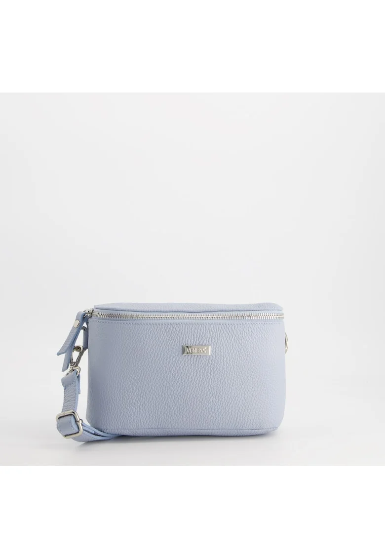 Geanta crossbody  piele naturala, albastra, dimensiuni 25x13x5cm, cu elemente metalice argintii.