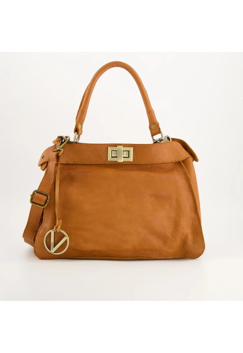 Geanta dama  model Crossbody, piele naturala, maro, 35x26x17cm, curea detasabila, 3 buzunare.