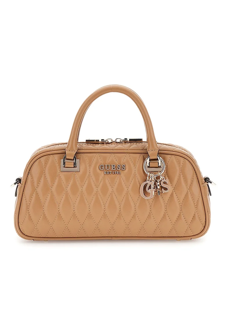 Geanta crossbody matlasata cu logo metalic, Caramel