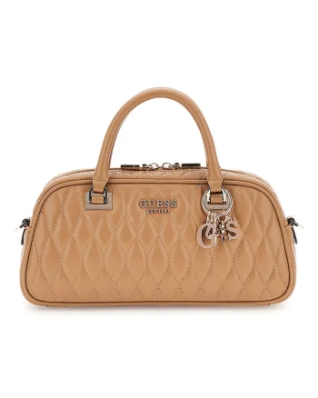 Geanta crossbody matlasata cu logo metalic, Caramel