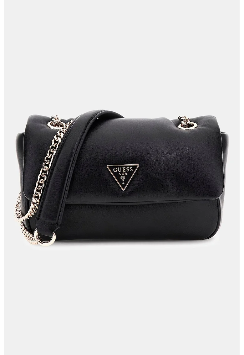 Geanta crossbody cu clapa si bareta din lant, Negru