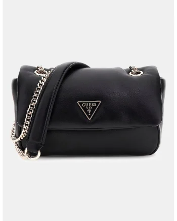 Geanta crossbody cu clapa si bareta din lant, Negru