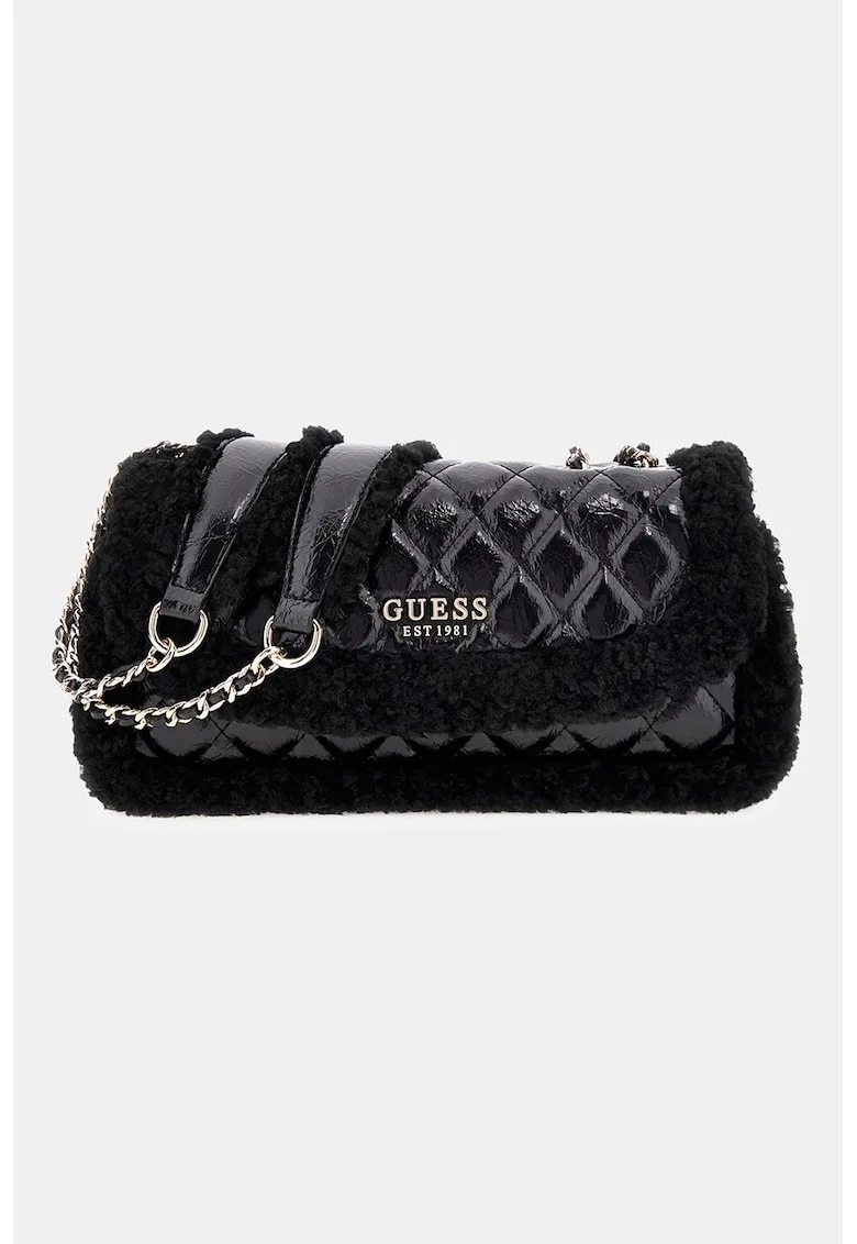 Geanta crossbody matlasata cu garnituri din blana sintetica, Negru