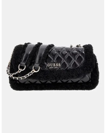 Geanta crossbody matlasata cu garnituri din blana sintetica, Negru