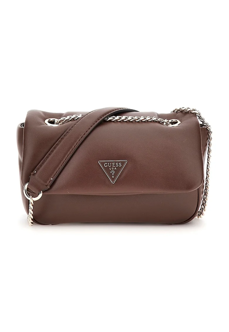 Geanta crossbody cu clapa si bareta din lant, Maro