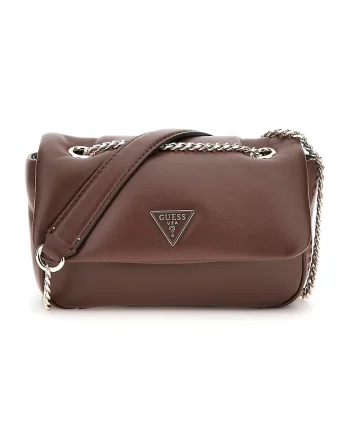 Geanta crossbody cu clapa si bareta din lant, Maro