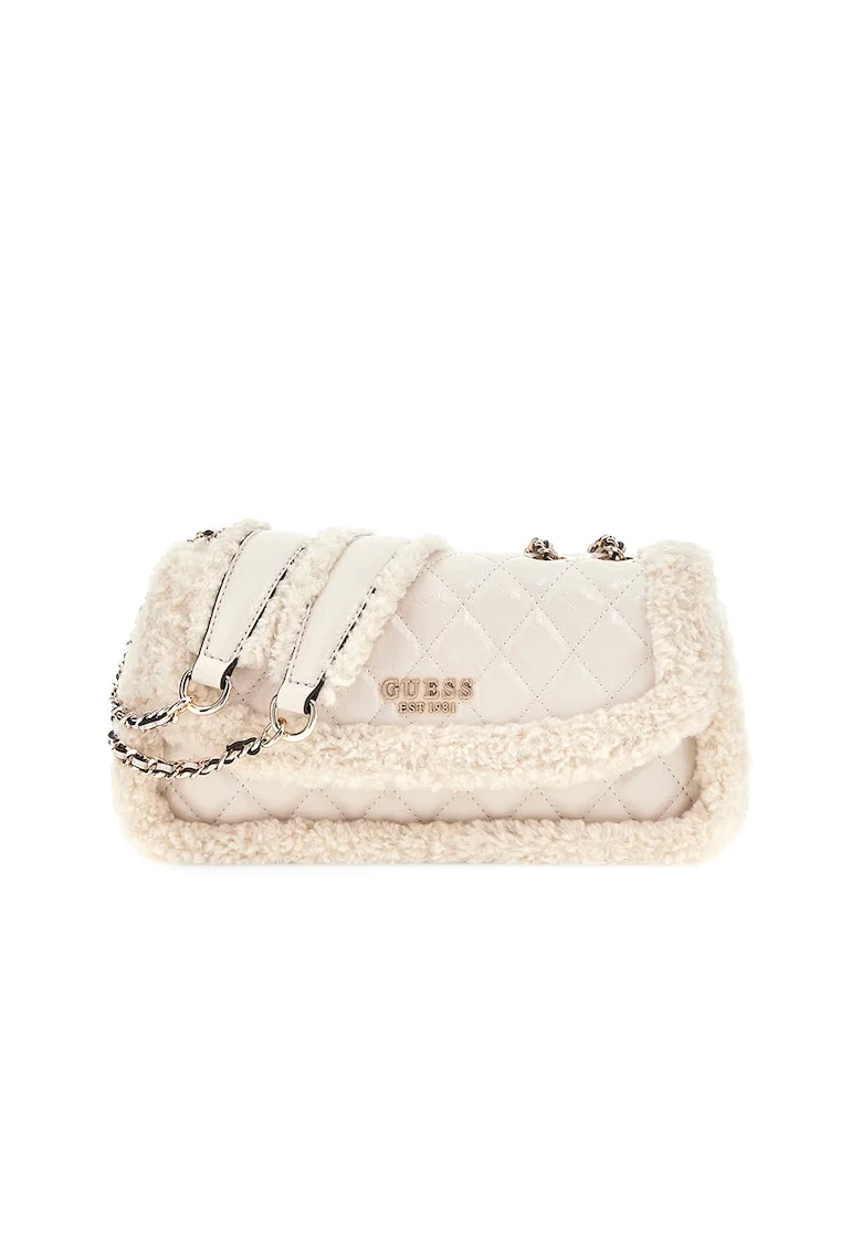 Geanta crossbody matlasata cu garnituri din blana sintetica, Crem