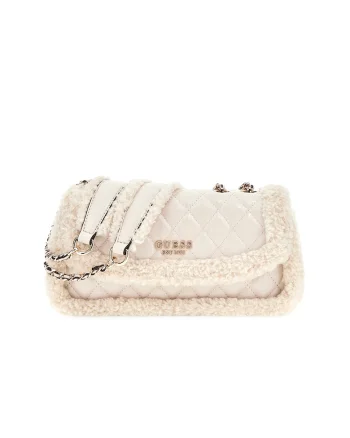 Geanta crossbody matlasata cu garnituri din blana sintetica, Crem