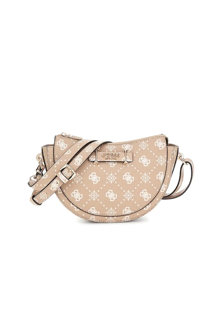 Geanta crossbody cu model monograma, Maro nisip/Alb murdar