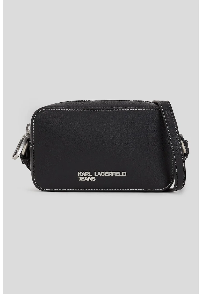 Geanta crossbody de piele ecologica cu logo metalic, Negru