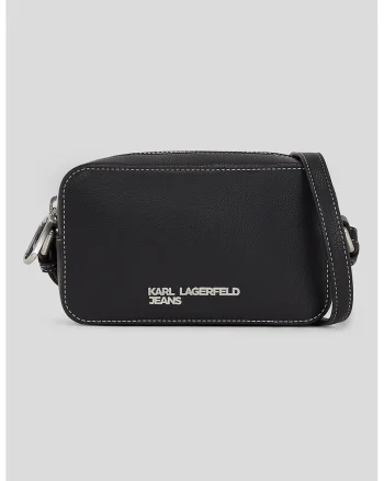 Geanta crossbody de piele ecologica cu logo metalic, Negru