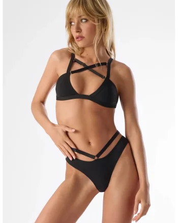Sutien de baie cu bretele încrucișate și accesorii metalice decorative -, Negru