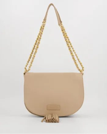 Geanta dama  crossbody din piele naturala, bej, 20x28x11cm, cu 2 buzunare interioare, curea max 115cm