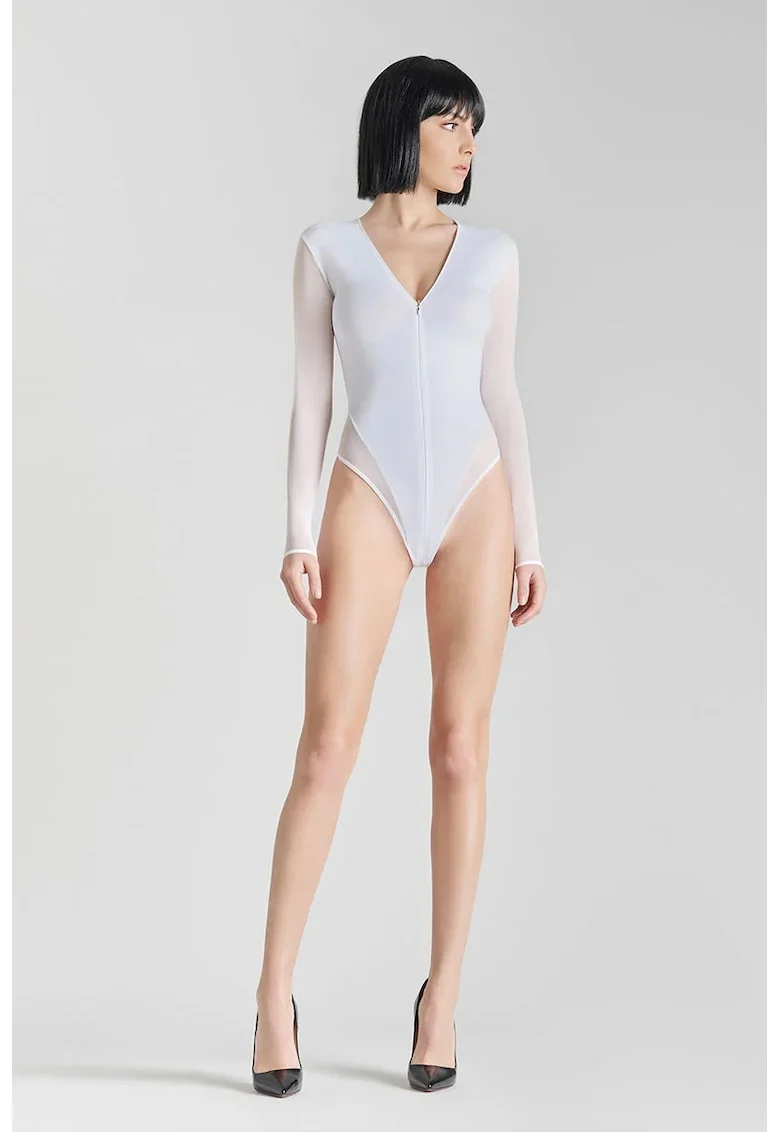 Body transparent cu mânecă lungă și deschidere frontală prin fermoar -, Alb