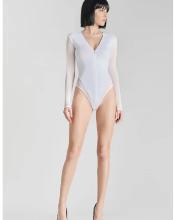 Body transparent cu mânecă lungă și deschidere frontală prin fermoar -, Alb