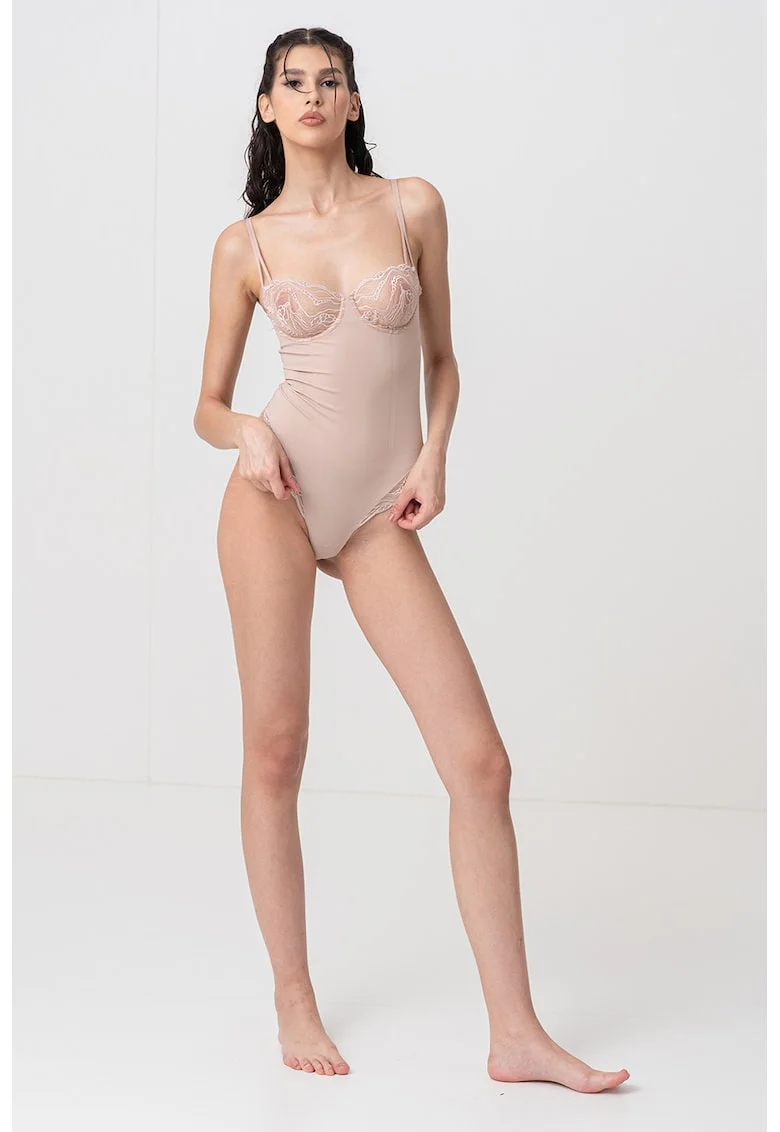 Body modelator cu insertii de dantela, Bej inchis