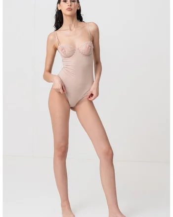 Body modelator cu insertii de dantela, Bej inchis