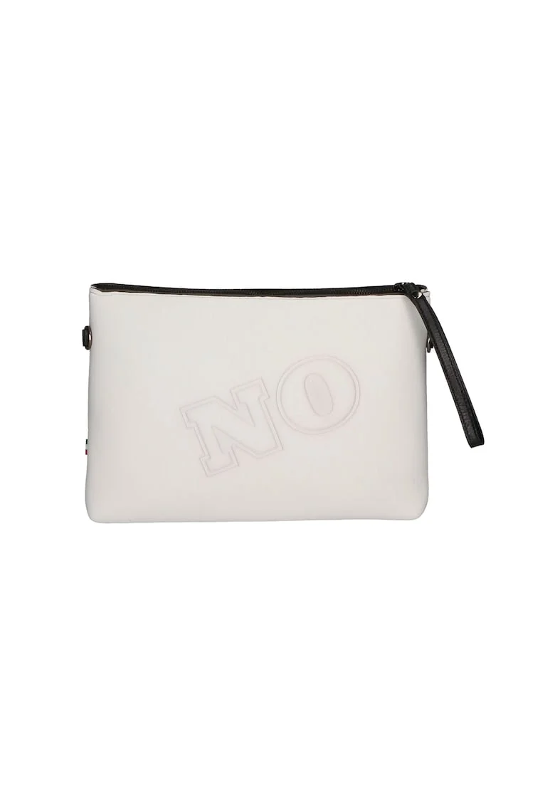 Geanta crossbody cu fermoar si text in relief, Alb murdar