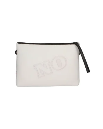 Geanta crossbody cu fermoar si text in relief, Alb murdar