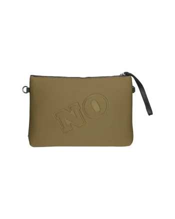 Geanta crossbody cu fermoar si text in relief, Maro taupe