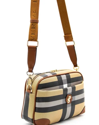 Geanta crossbody cu logo, Galben sofran/Gri inchis