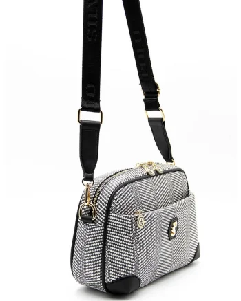 Geanta crossbody cu bareta detasabila, Alb/Negru
