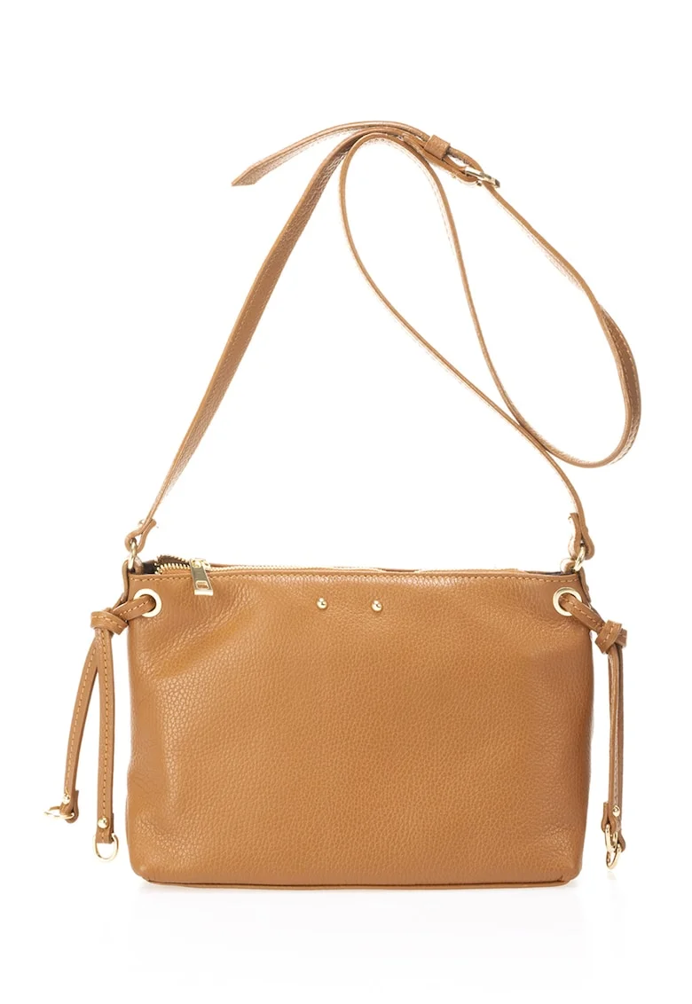 Geanta crossbody de piele cu fermoar, Caramel