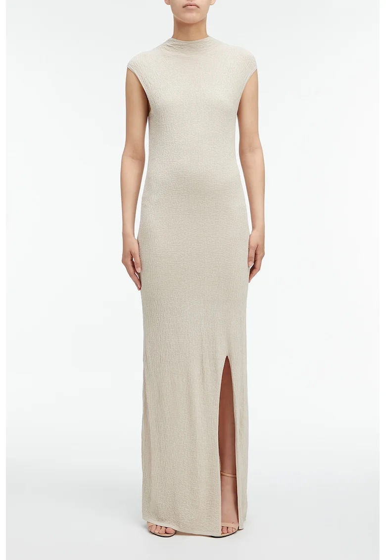 Rochie fara maneci cu croiala bodycon si slit lateral, Bej deschis