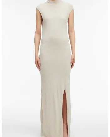 Rochie fara maneci cu croiala bodycon si slit lateral, Bej deschis