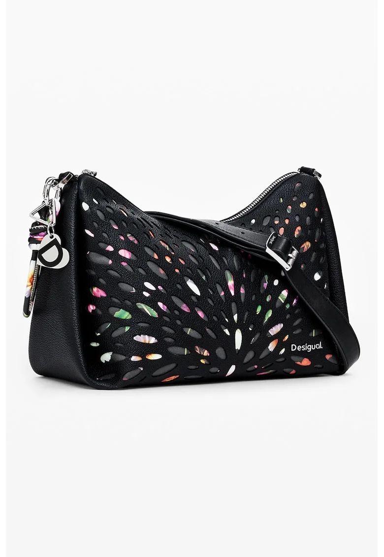 Geanta crossbody cu bareta detasabila si model, Verde/Negru/Roz