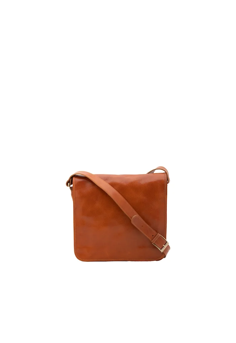 Geanta crossbody de piele cu clapa 210289, Maro cognac