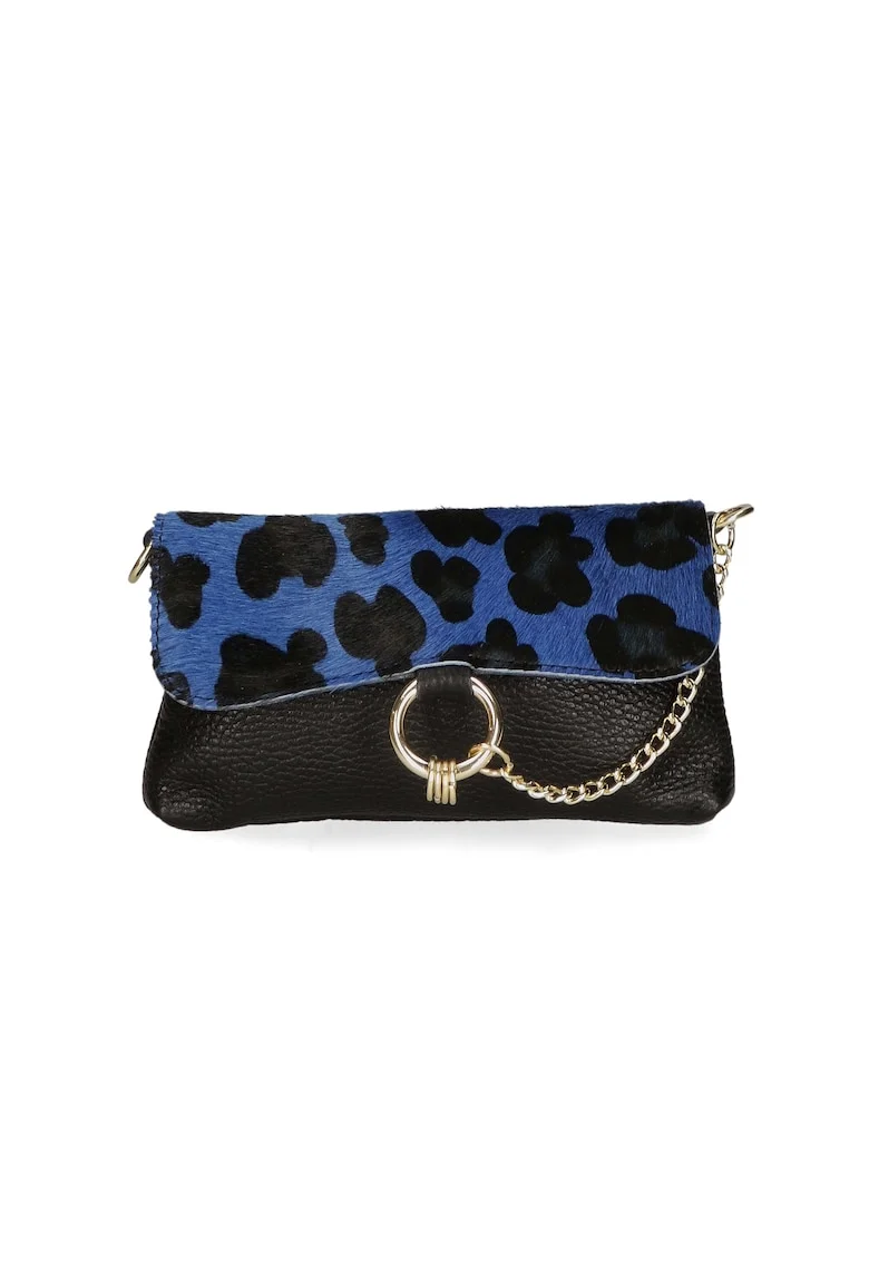 Geanta crossbody de piele cu detaliu lant, Negru, Albastru royal