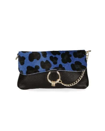 Geanta crossbody de piele cu detaliu lant, Negru, Albastru royal