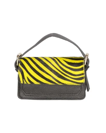 Geanta crossbody din piele cu segment din piele cu par scurt, Negru, Galben