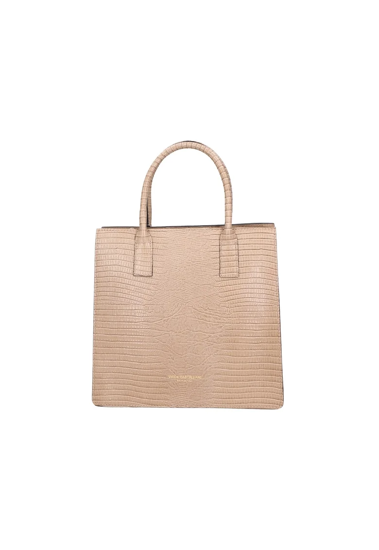 Geanta crossbody de piele cu aspect de piele de reptila, Maro taupe deschis