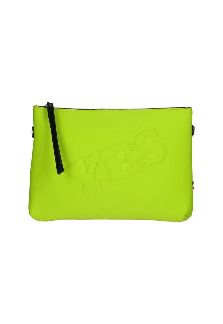 Geanta crossbody cu fermoar si text in relief, Verde lime