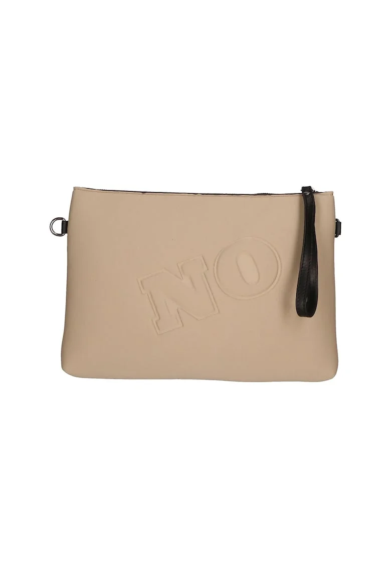Geanta crossbody cu fermoar si text in relief, Bej
