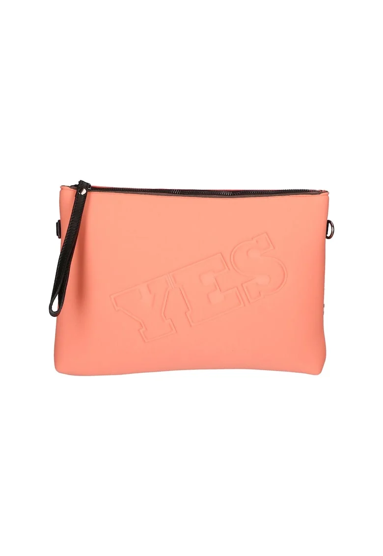 Geanta crossbody cu fermoar si text in relief, Roz