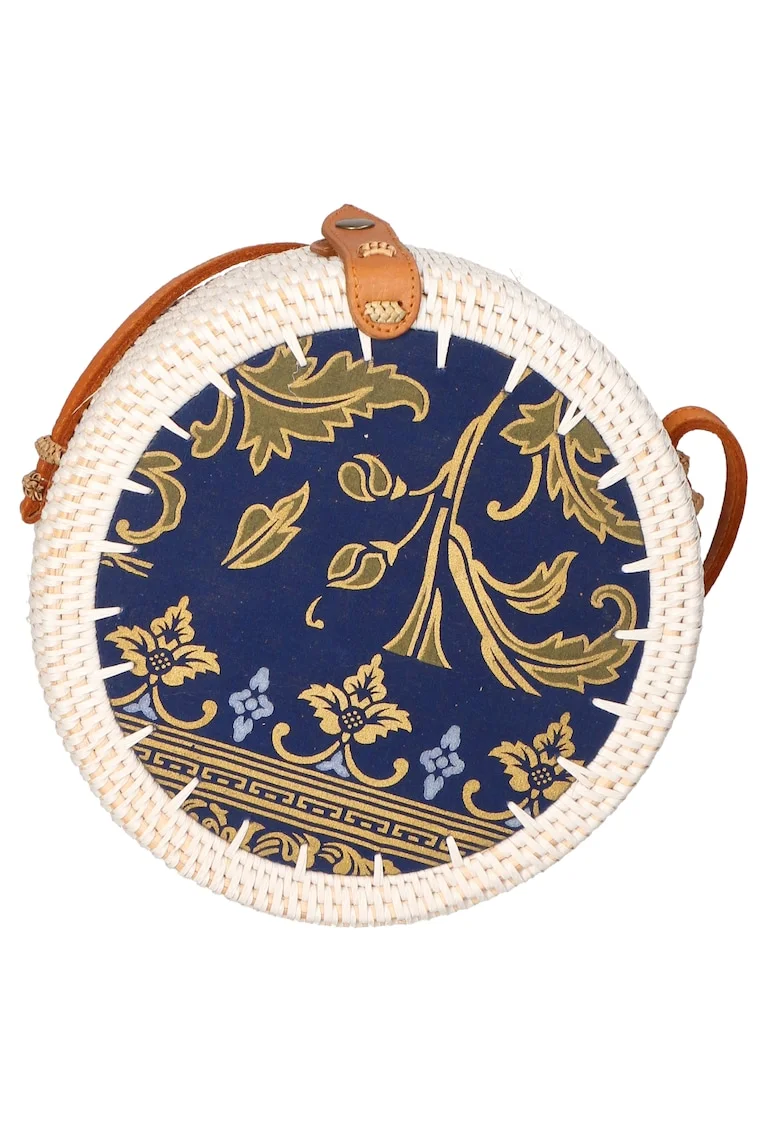 Geanta crossbody din paie, Alb fildes/Bleumarin