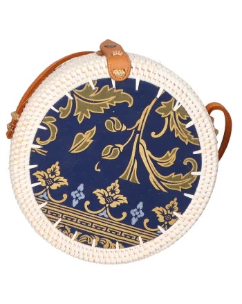 Geanta crossbody din paie, Alb fildes/Bleumarin