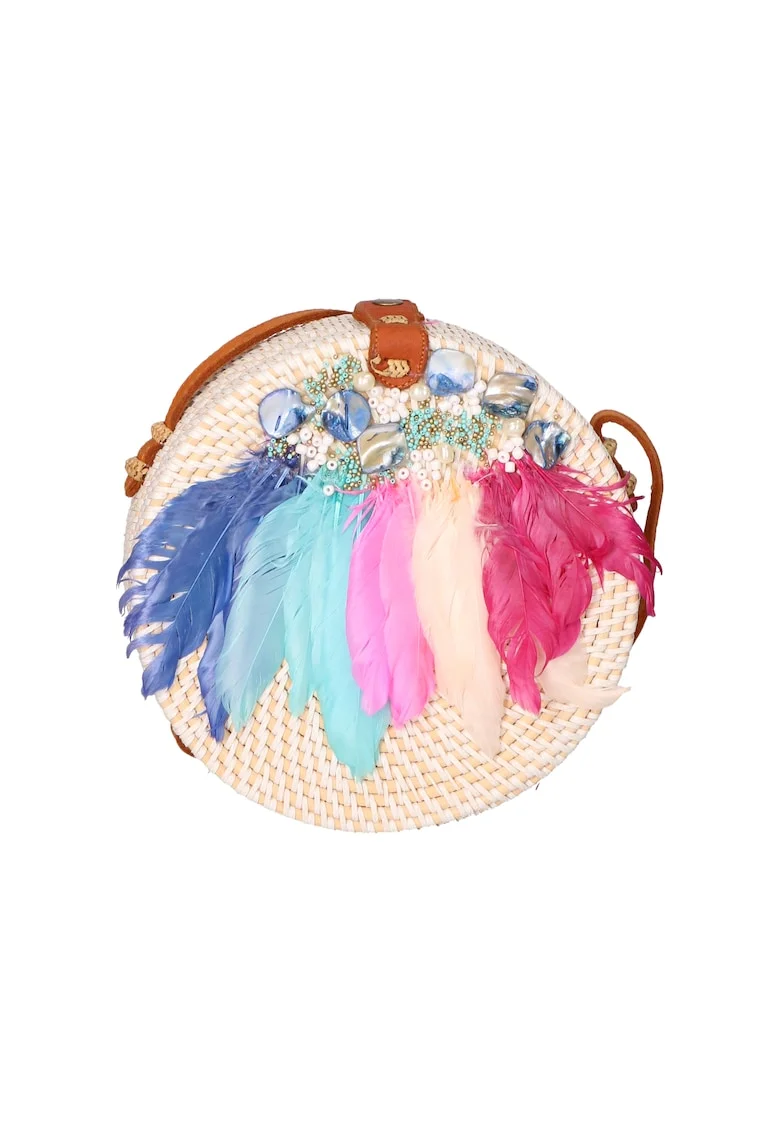 Geanta crossbody din paie, Alb/Roz deschis/Albastru deschis