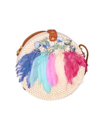 Geanta crossbody din paie, Alb/Roz deschis/Albastru deschis